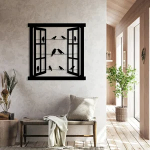 Window & Birds – Geometric Metal Wall Decor in Matte Black Iron